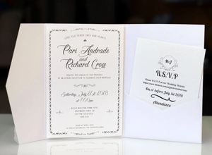 Macro view of textured pocket wedding invitation with elegant black cursive calligraphy