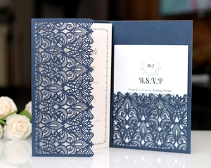 Detail of laser-cut navy blue wedding invitation set with RSVP card and white insert