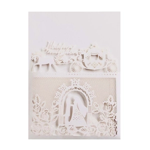 Elegant white laser-cut wedding invitation featuring a horse carriage and floral design