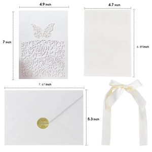 Detailed view of laser-cut rose wedding invitation set with dimensions and ivory ribbon