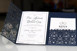 Close-up of laser-cut lace wedding invitation with navy pocket and white RSVP card set