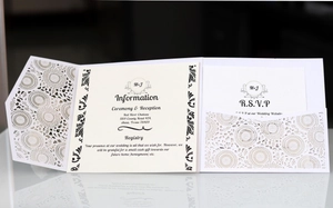 Detailed laser-cut white floral pattern of the wedding invitation with card set