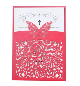 Laser cut red wedding invitation with butterfly rose hollow design and white insert card