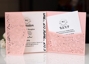 Detail of pink laser-cut mandala wedding invitation set with RSVP card and pearlescent cover