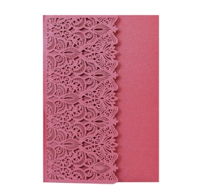 Laser cut lace wedding invitation card in dark red pearlescent paper with floral pattern