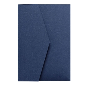 Detail of navy blue textured invitation envelope with modern triangular flap design