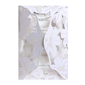 Detailed laser-cut white floral hollow invitation card with Hello 40 metallic texture