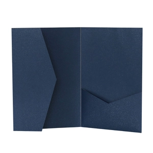 Deep blue shimmer paper pocket invitation holder with elegant V-cut sleeve and fold design