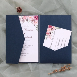 Detail of navy blue pocket wedding invitation with floral accents and RSVP card set