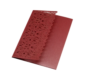 Elegant laser-cut burgundy lace floral wedding invitation with intricate hollow patterns