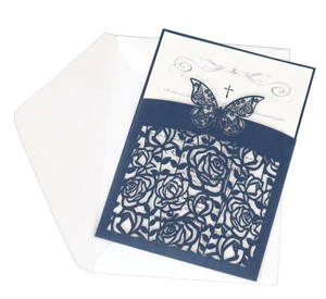 Detailed laser-cut navy blue wedding invitation set with rose patterns and butterfly