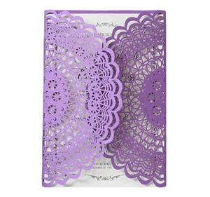Laser cut deep purple wedding invitation with pearl shimmer finish and white inner card