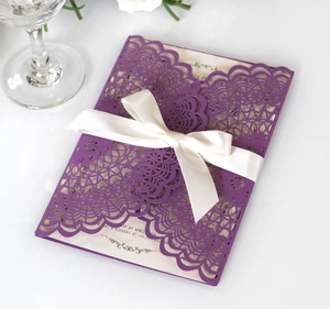 Elegant Laser Cut Wedding Invitation Card Deep Purple Pearlescent Paper Hollow Out Lace Design Ribbon Bow Party Banquet