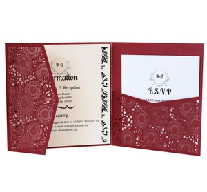 Laser cut burgundy wedding invitation set with floral patterns and RSVP cards