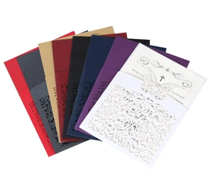 Laser cut hollow rose wedding invitation covers in multiple colors with inner card detail