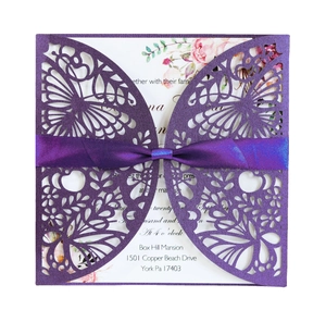 Laser cut purple wedding invitation with hollow butterfly floral pattern and satin bow