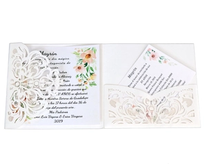 Detailed laser-cut wedding invitation with elegant watercolor floral insert card