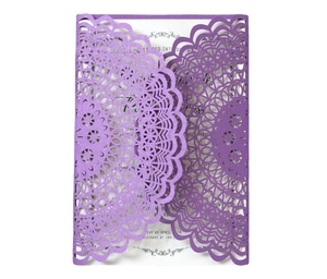 Deep purple laser-cut lace wedding invitation card with white inner sheet insert