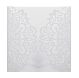 Elegant white laser-cut wedding invitation cover with intricate floral lace patterns