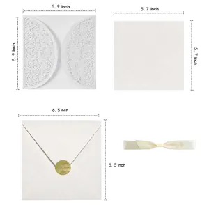 Laser cut rose wedding invitation set with dimensions for envelope, card and ribbon