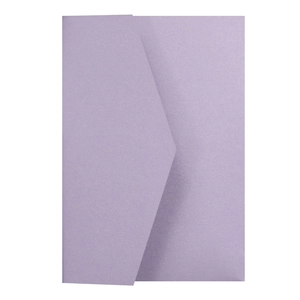 Detailed view of lavender purple pearlescent paper envelope with V-flap and metallic texture