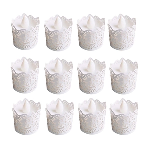 Set di 12 candele LED bianche con involucri di carta traforati a laser stile pizzo