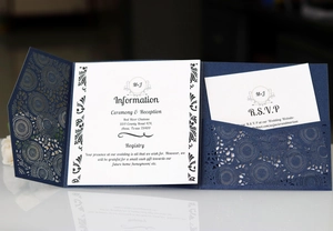 Macro view of laser-cut floral pattern and navy blue pearlescent paper wedding card