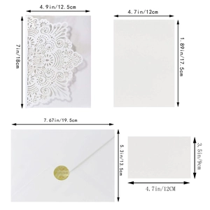 Detailed components of white laser-cut invitation set with dimensions and gold seal