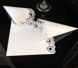 Laser cut white paper cone with heart pattern for wedding flower petal and confetti DIY