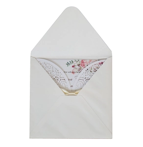 Elegant ivory laser cut wedding invitation card with pink rose print and yellow ribbon bow