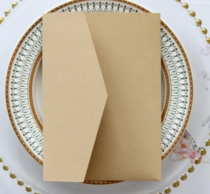 Macro shot of premium kraft paper envelope with triangular flap on decorative plate