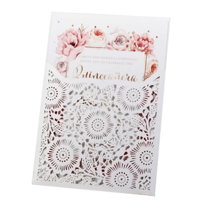 Close-up of laser-cut sunflower hollow envelope with watercolor floral invitation card