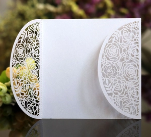 Detailed laser-cut rose pattern on premium white pearlescent paper invitation cover