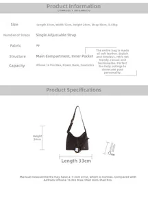 Detailed size chart for large PU leather bucket bag with dimensions 33x12x24cm and strap info