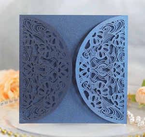 Laser cut dark blue floral wedding invitation cover made of premium pearlescent paper