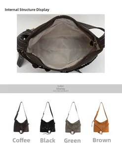 Close-up of internal pockets and color options for large capacity retro leather bucket bag