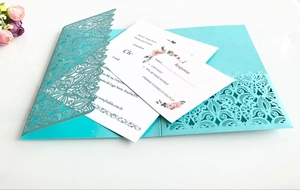 Detail of laser-cut floral pattern on Tiffany blue business invitation card