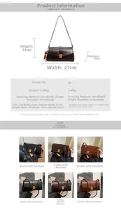 Detailed size specifications and color options for the vintage PU crossbody square bag