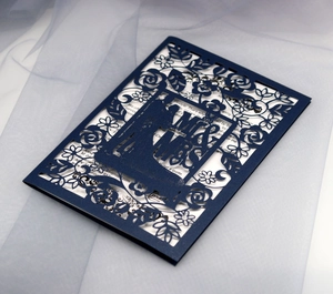 Elegant navy blue laser cut wedding invitation with rose frame and MR & MRS silhouette