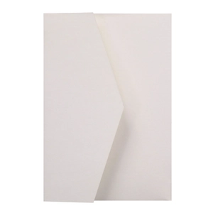 Detail view of a white pearlescent paper envelope with a classic V-flap closure