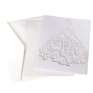 Elegante lasergesneden witte huwelijksuitnodiging set met bruidsjurk patroon