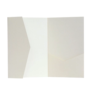 Detail view of cream laser cut wedding invitation folder with inner pocket and V-flap closure