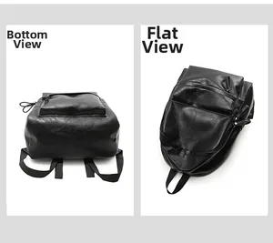 Vue à plat et vue du dessous montrant la texture d'un sac à dos en cuir noir étudiant