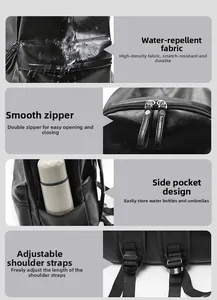 Vue détaillée du sac à dos en cuir noir imperméable avec double zip et poche latérale