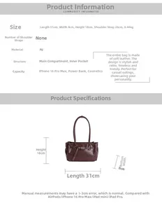 Size chart showing brown PU leather tote bag dimensions: 31cm length and 18cm height
