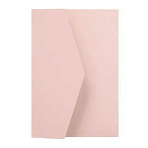 Detail of elegant pearl pink envelope with a classic V-flap design and metallic luster finish