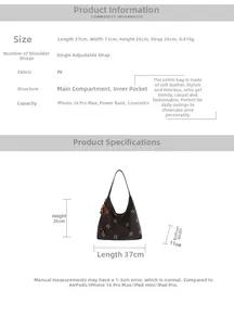 Vue détaillée du sac hobo en PU marron avec motifs floraux et dimensions de taille