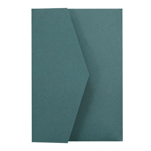 Close-up of deep forest green matte paper envelope with minimalist V-shaped flap cover