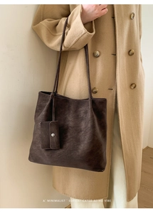 Deep coffee vintage tote bag with matching pouch and matte textured leather finish