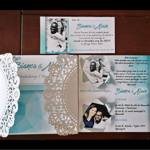 Laser cut wedding invitation set with twine on wood, including photo inner cards